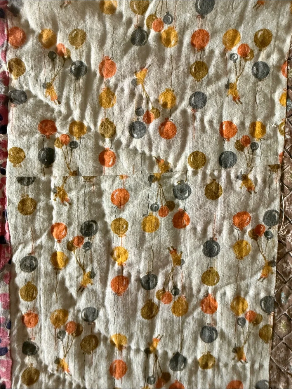Antique 1940 handmade Striped Patchwork Quilt in Pink, Blue, Cream and Brown
